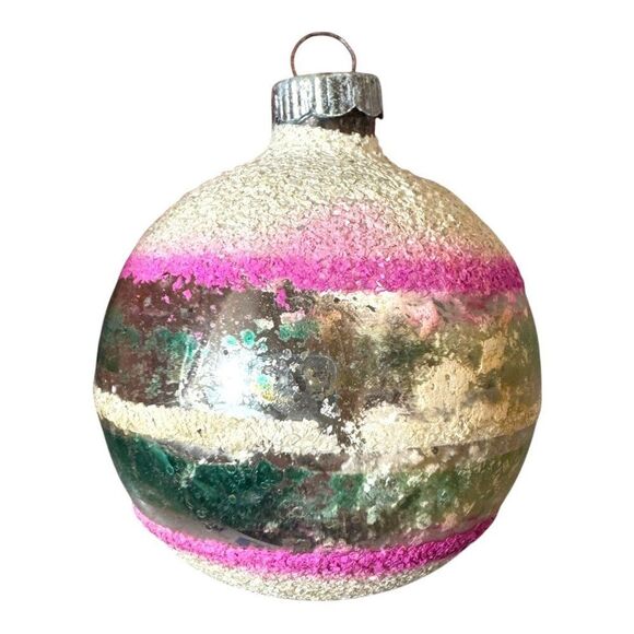 Vintage Shiny Brite Glass Mica Stencil Christmas Ornament Pink Green Stripes SEE - Picture 1 of 4